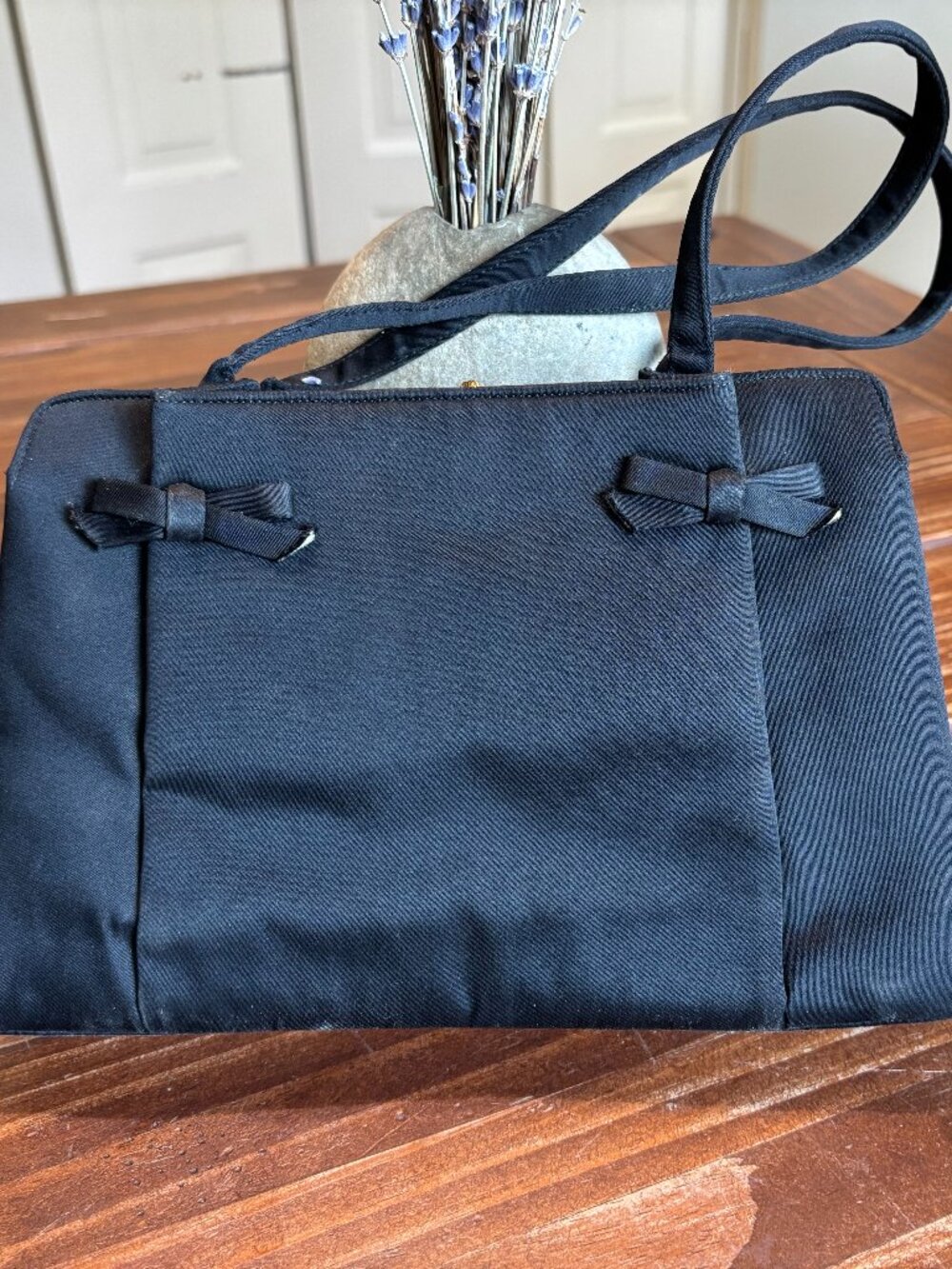 Vintage Koret Black Satin Bag Set 1950s Handbag Bows W Original Logo Coin Purse/